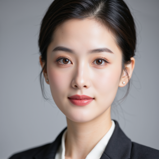中年女性，穿深色西装外套，白色衬衫，佩戴眼镜，背景浅灰色，正面严肃表情