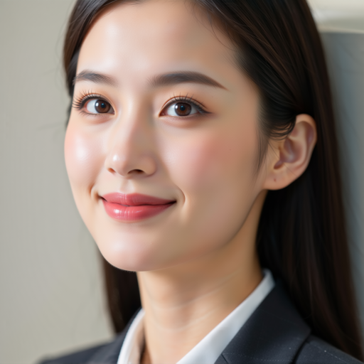年轻女性，穿职业套装，长发，背景简洁明亮，正面微笑